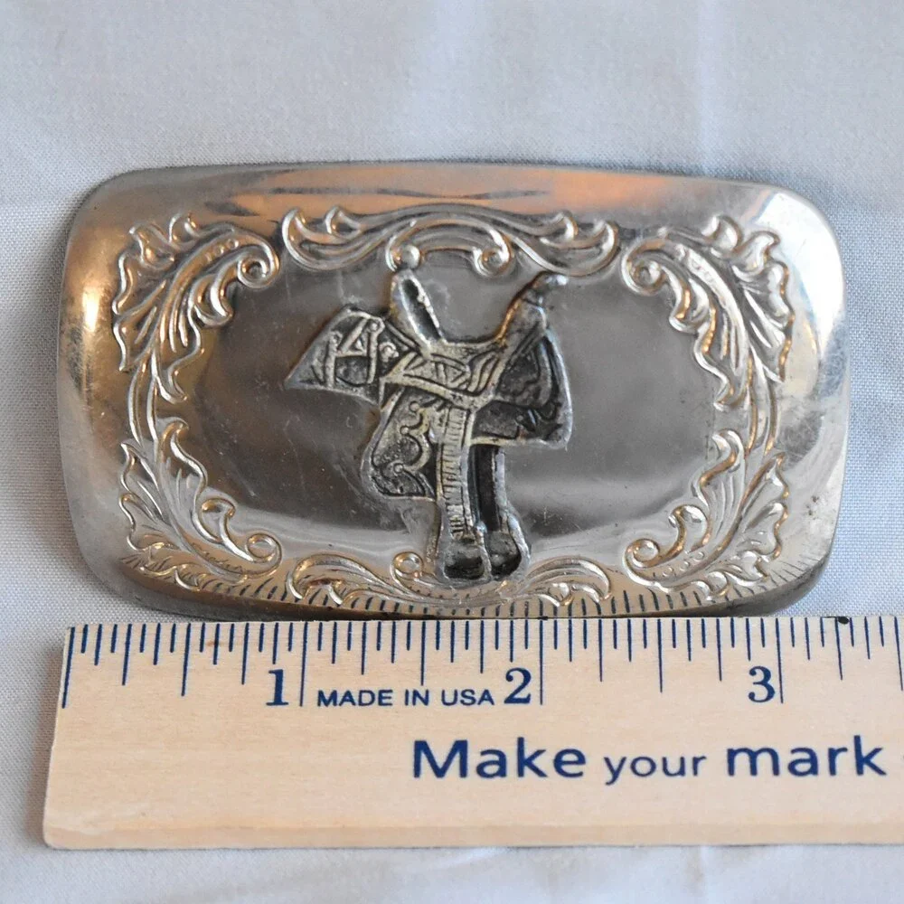 Vintage Belt Buckle‎ Horse Saddle Filigree Stamped Engraved Etched Western USA